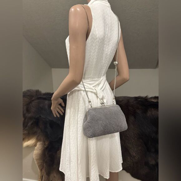 Gray Real Shearling Leather Handmade Kisslock Clutch Shoulder Bag, Crossbody - Picture 7 of 14